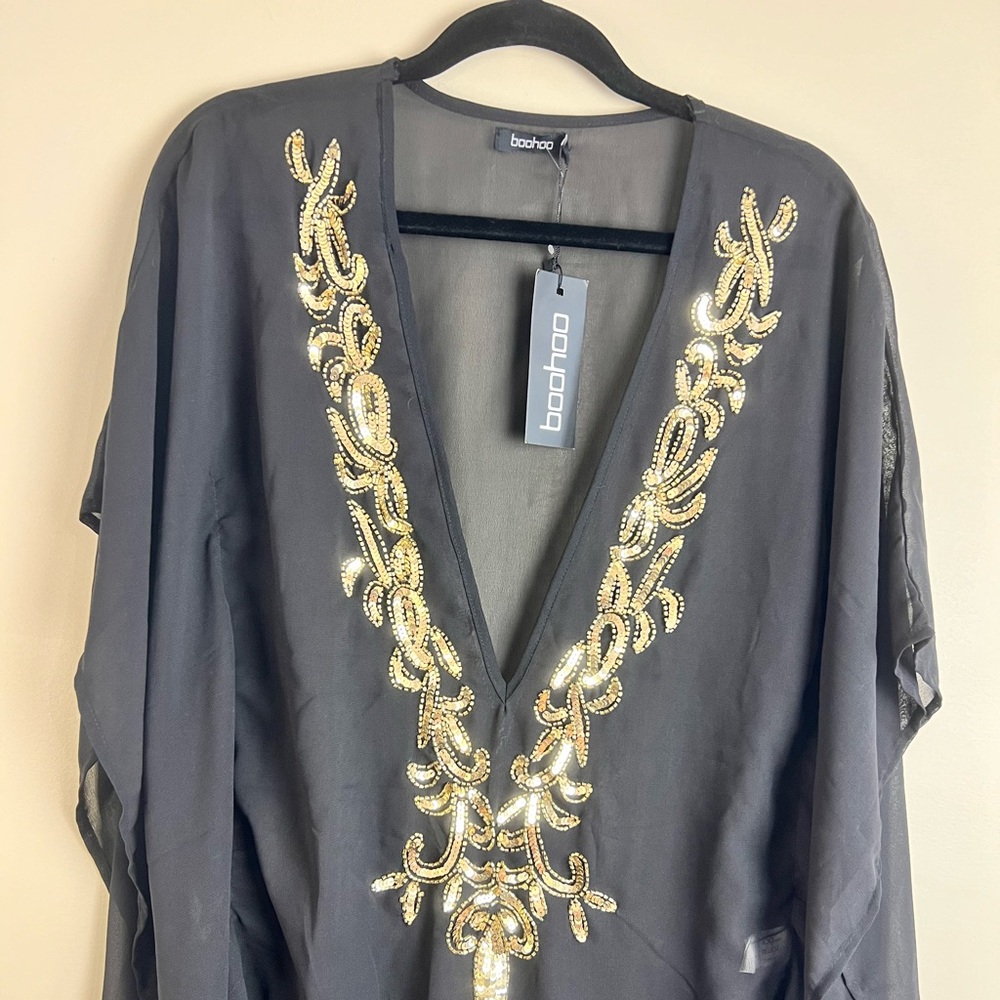 Boohoo Black Sheer Kaftan Swim Coverup with Gold Embellishment - Picture 5 of 12